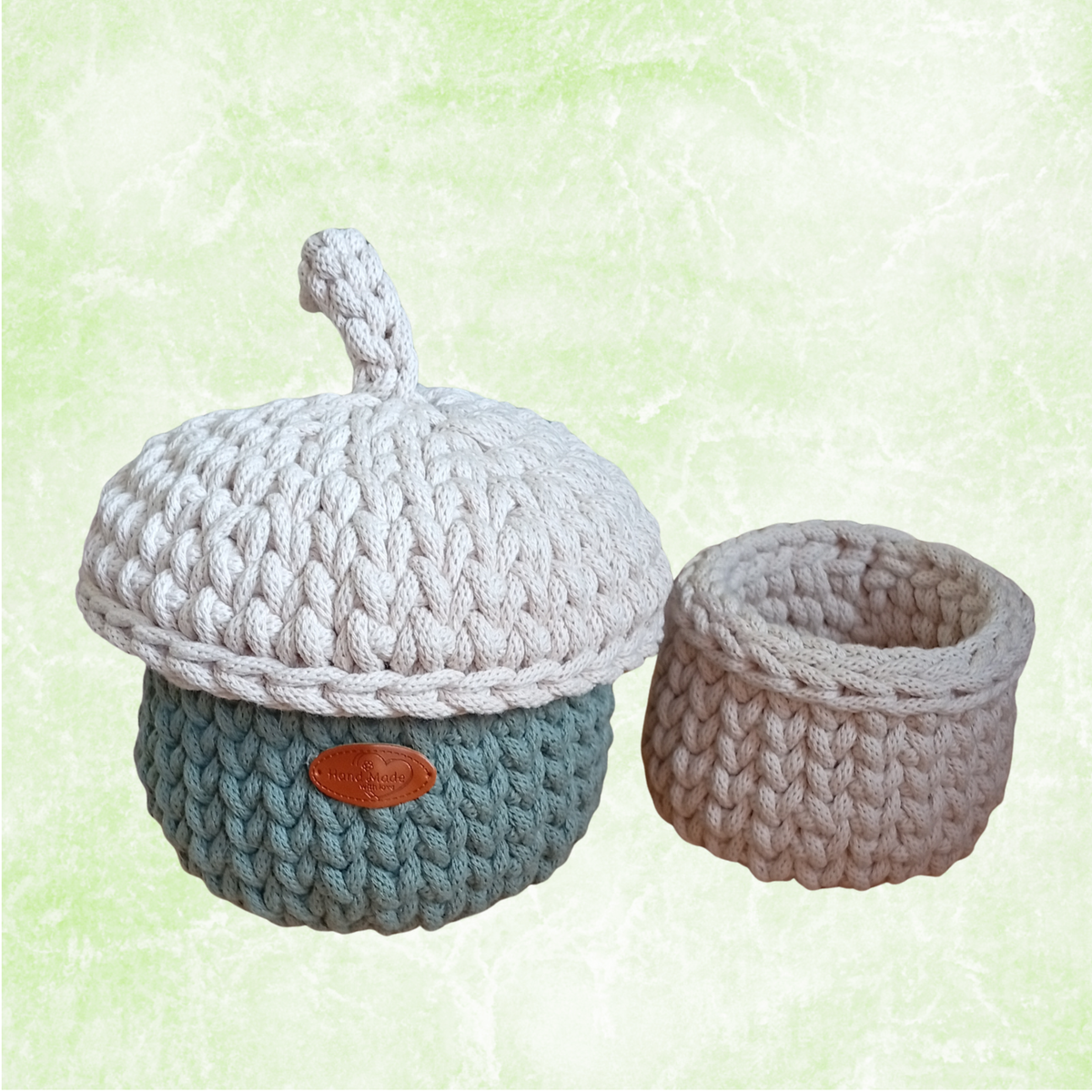 Sturdy Cotton Rope Basket with Lid, Handmade Crochet Acorn Storage Organizer-2