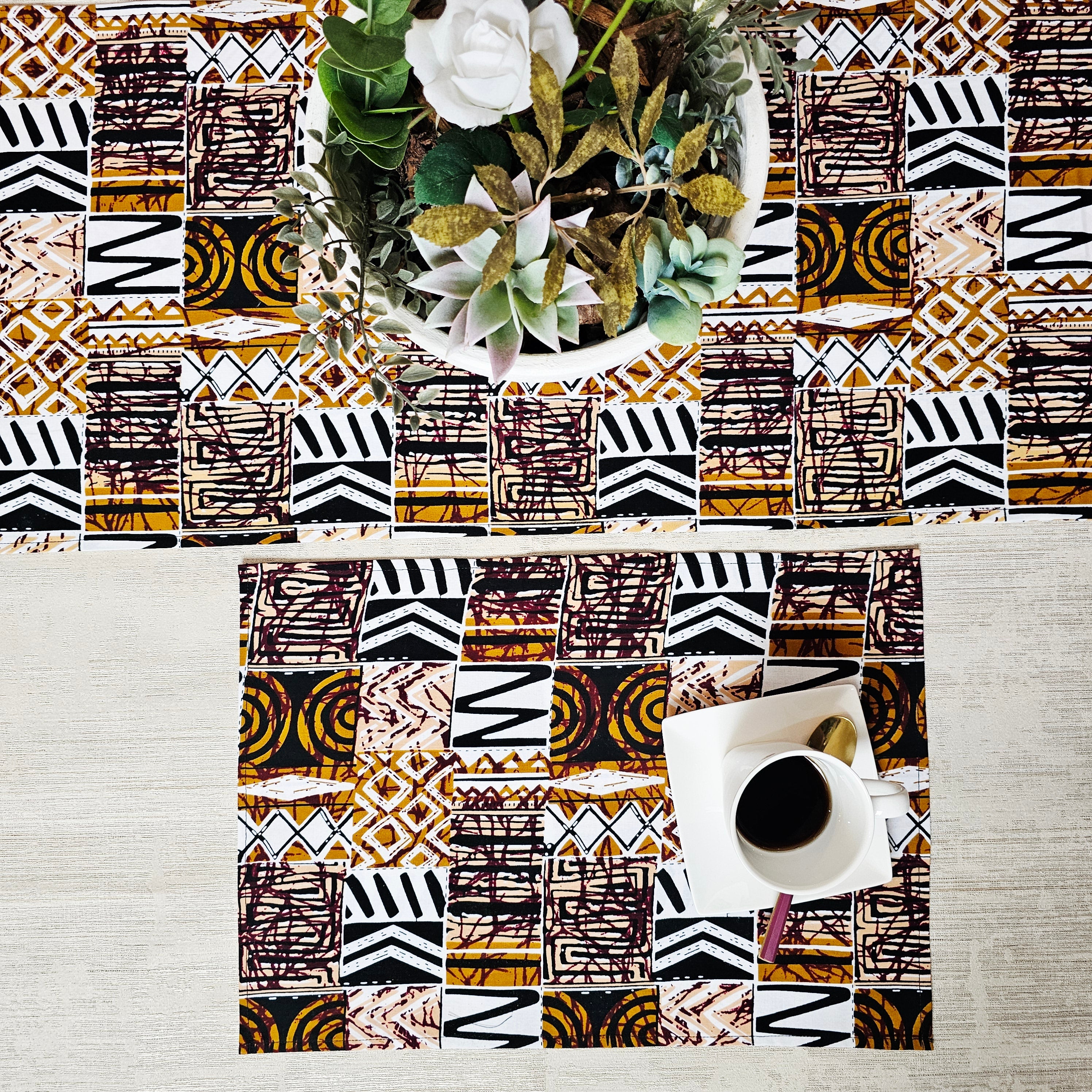 Set runner tavola e 4 tovagliette Wax africano