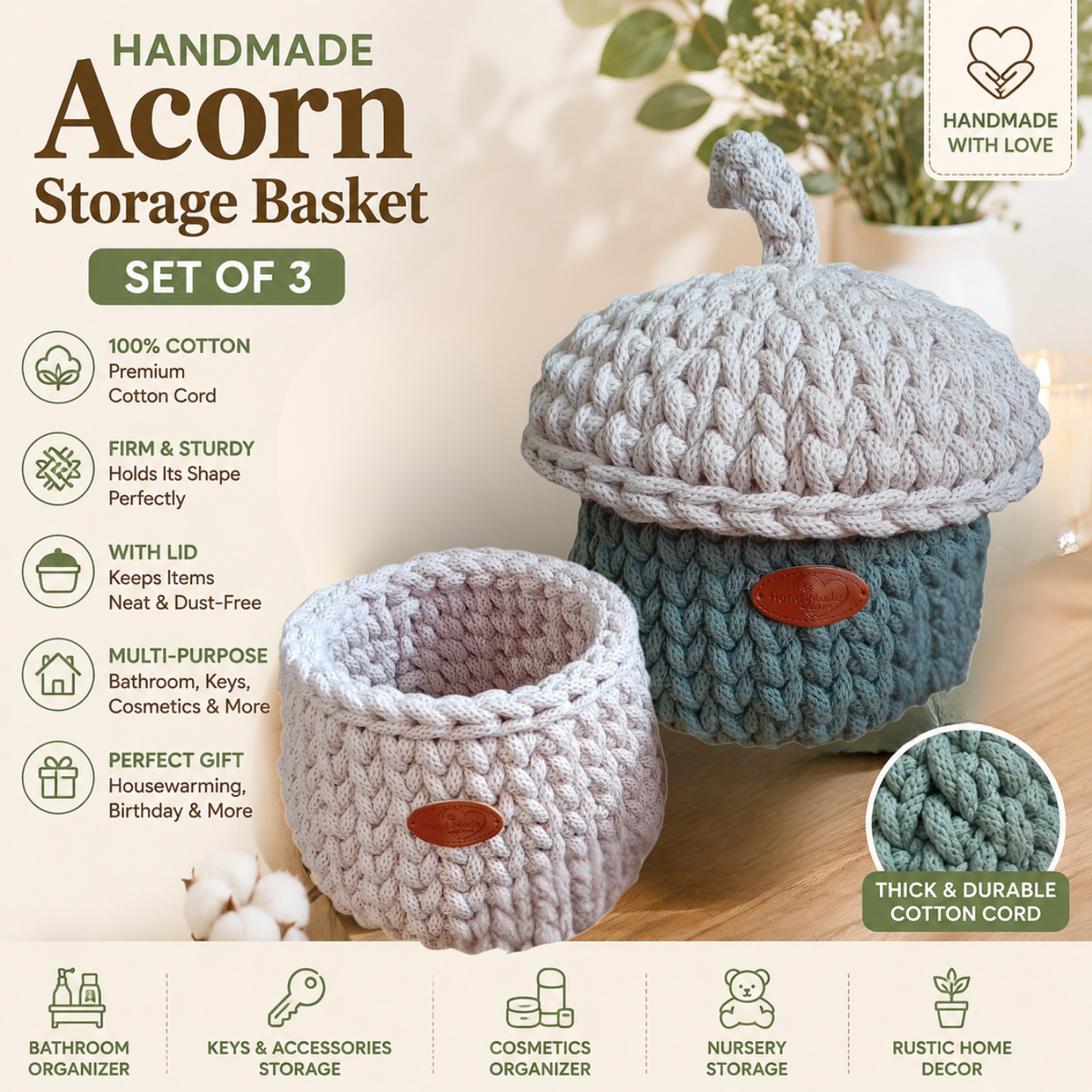 Sturdy Cotton Rope Basket with Lid, Handmade Crochet Acorn Storage Organizer-1