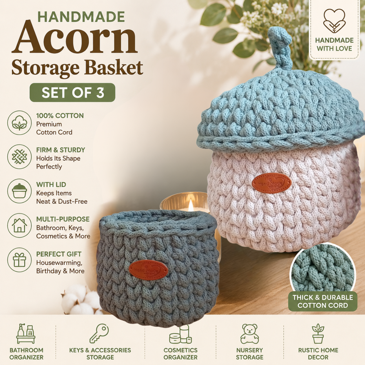 Sturdy Cotton Rope Basket with Lid, Handmade Crochet Acorn Storage Organizer-0