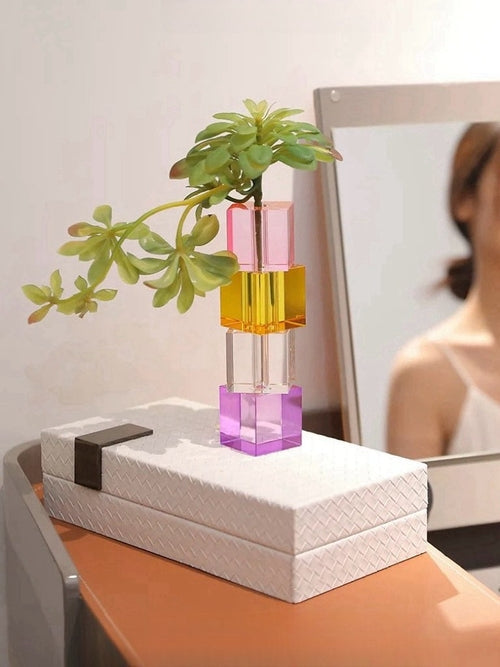 Modern Crystal Cube Bud Vase – Dopamine Rainbow Glass Table Centerpiece-1