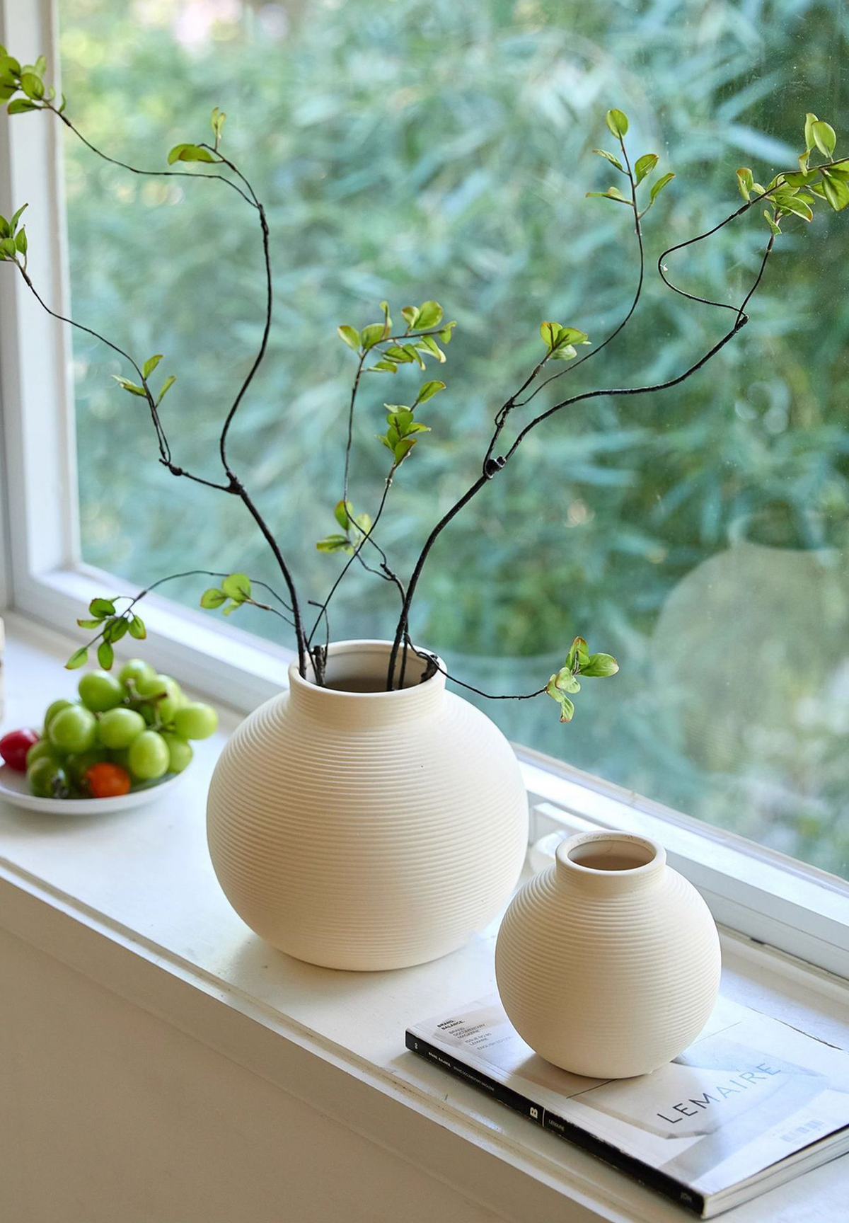 Minimalist Ribbed Ceramic Vase — Matte White Textured Collection-4
