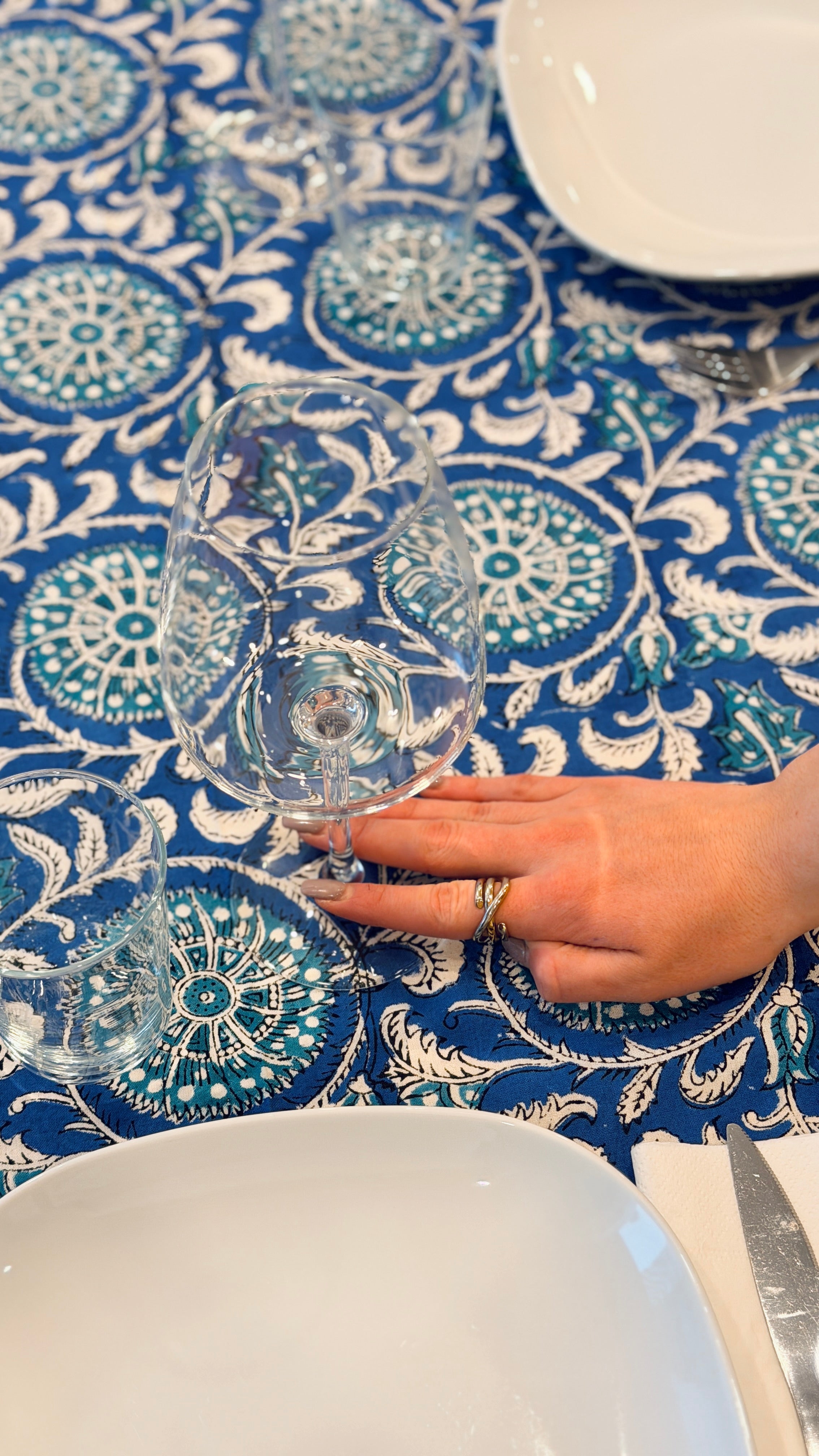 Tovaglia d'Arredo e Mezzero in Cotone Block Print – Mandala Blu e Turchese 150x220