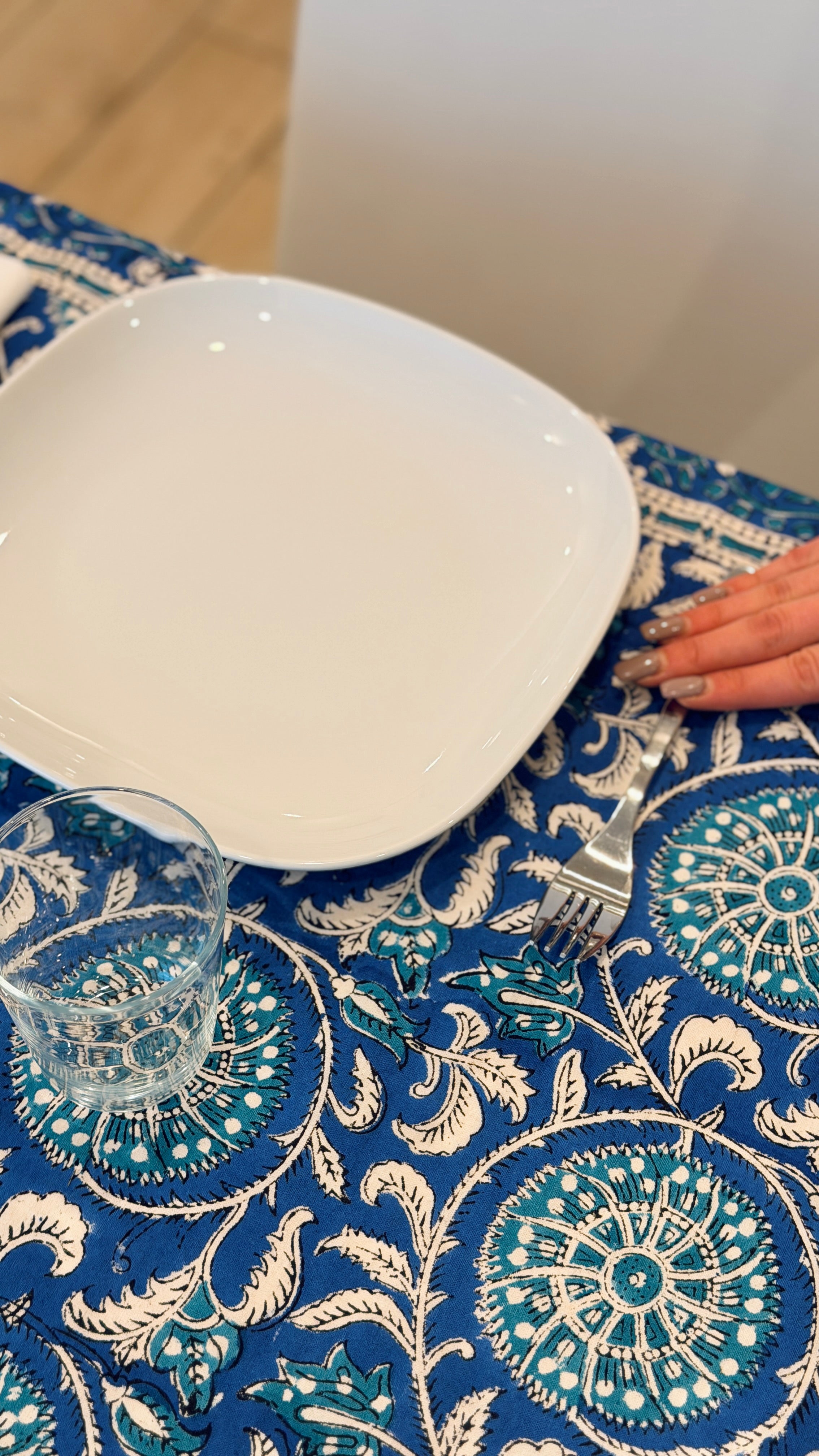 Tovaglia d'Arredo e Mezzero in Cotone Block Print – Mandala Blu e Turchese 150x220