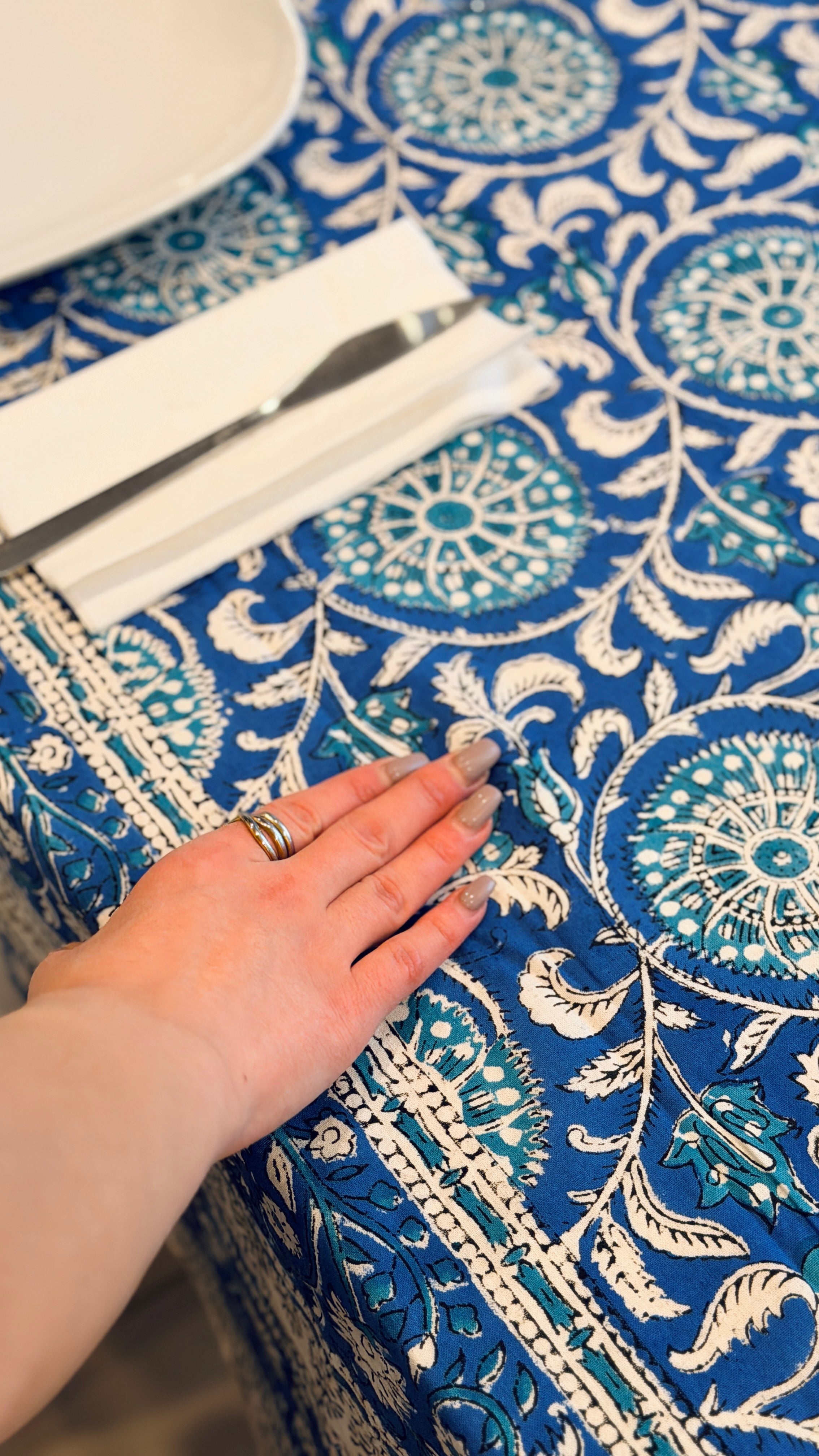 Tovaglia d'Arredo e Mezzero in Cotone Block Print – Mandala Blu e Turchese 150x220