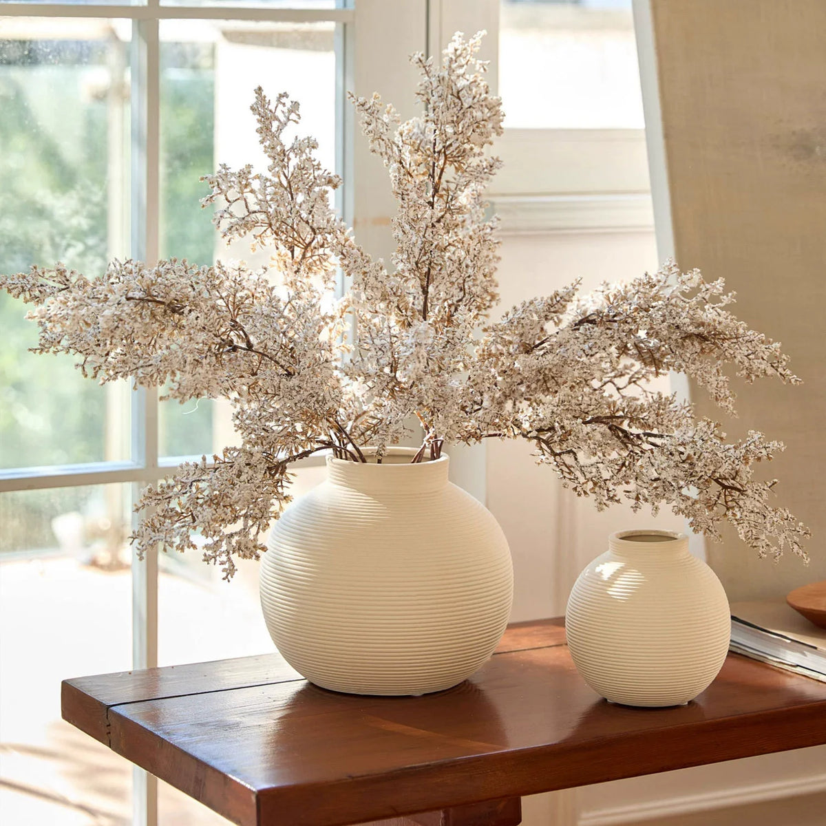 Minimalist Ribbed Ceramic Vase — Matte White Textured Collection-1