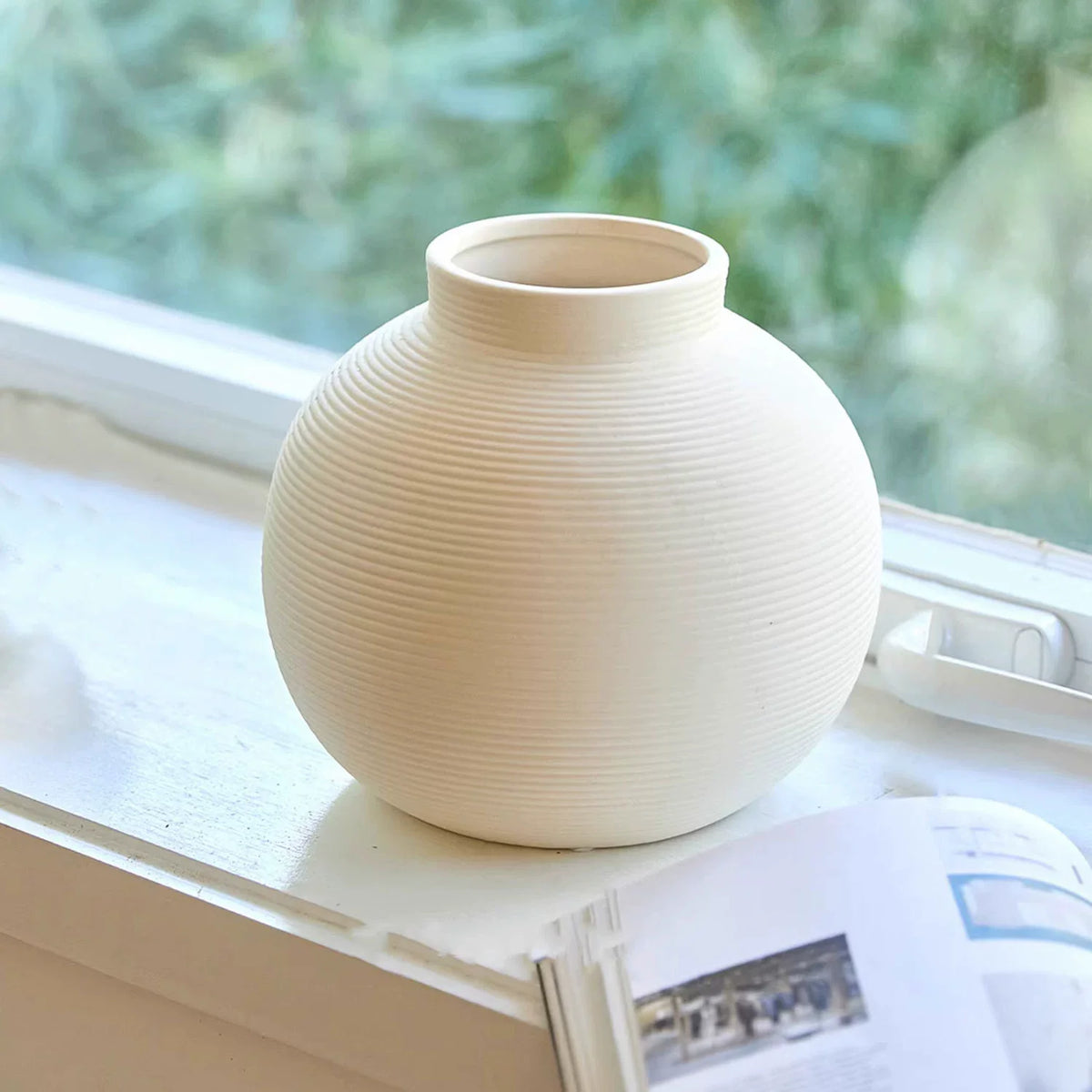 Minimalist Ribbed Ceramic Vase — Matte White Textured Collection-0