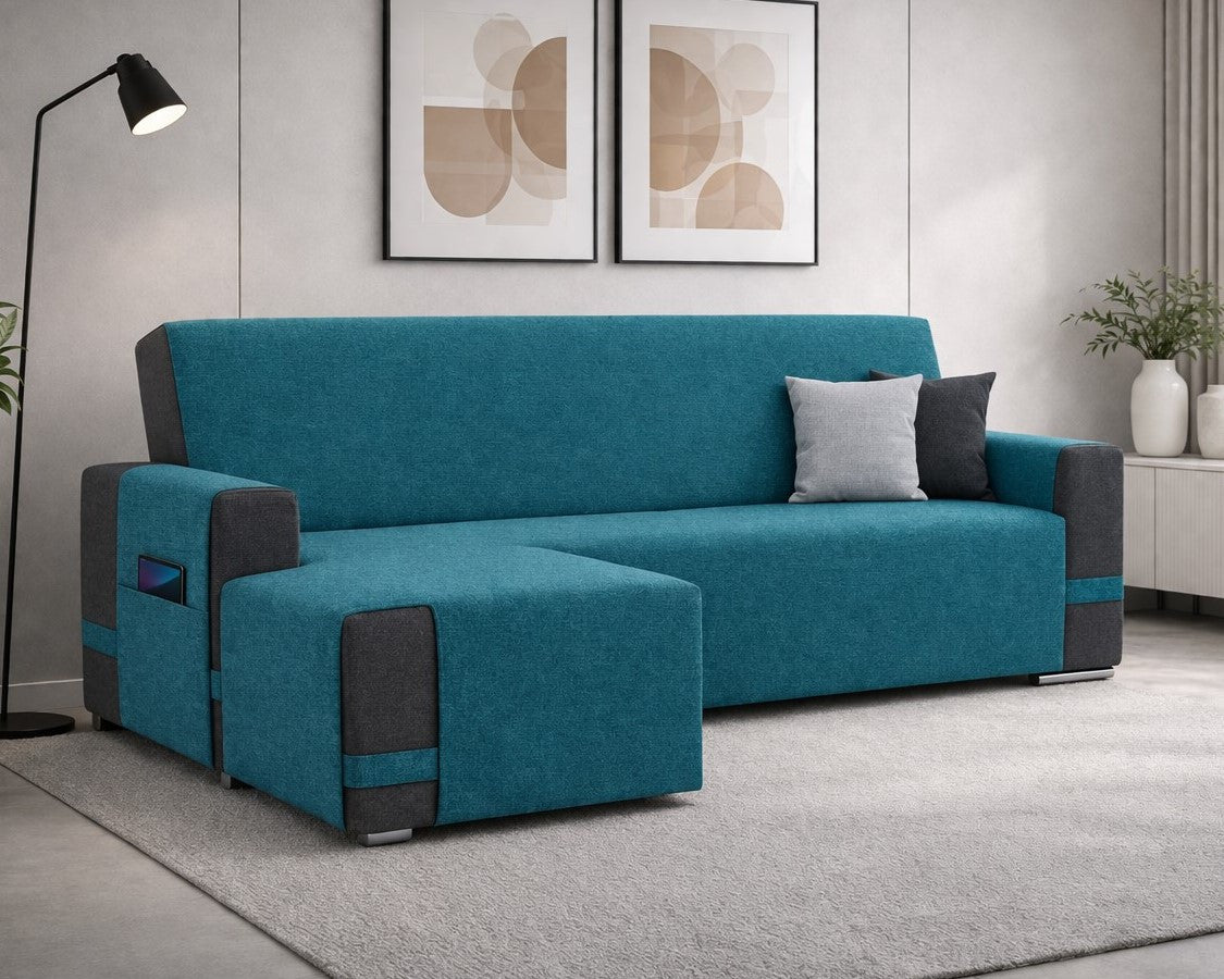 Copridivano con penisola ARMOR blu elasticizzato antimacchia
