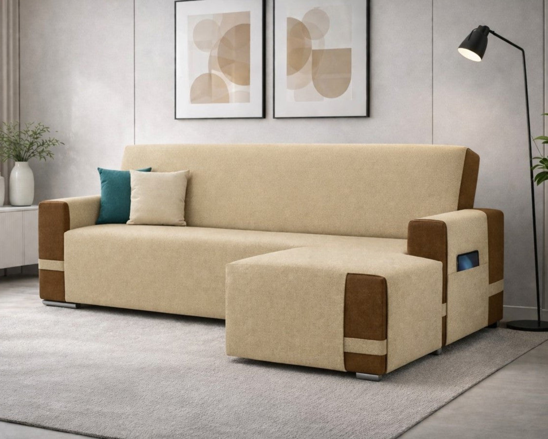 Copridivano con penisola ARMOR beige - Salvadivano elasticizzato
