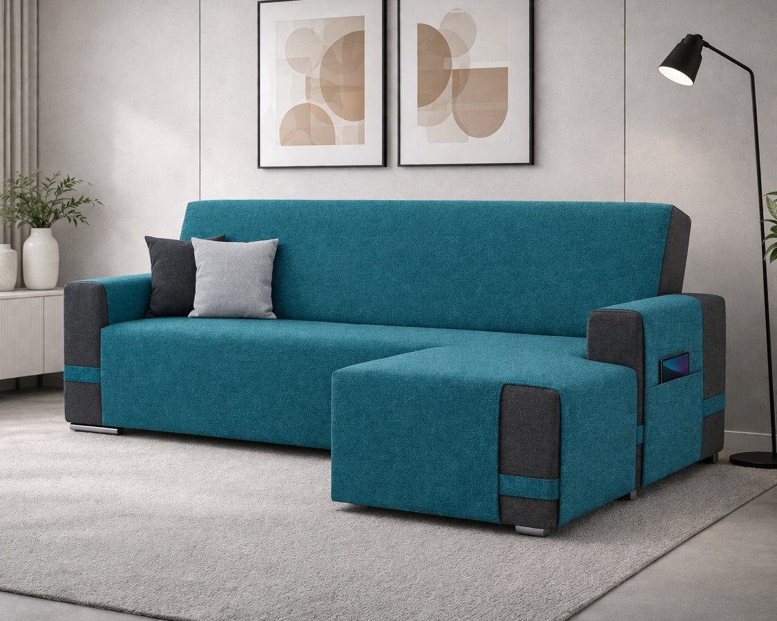 Copridivano con penisola ARMOR blu elasticizzato antimacchia