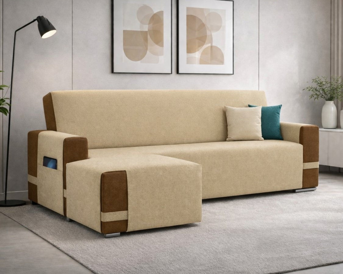 Copridivano con penisola ARMOR beige - Salvadivano elasticizzato